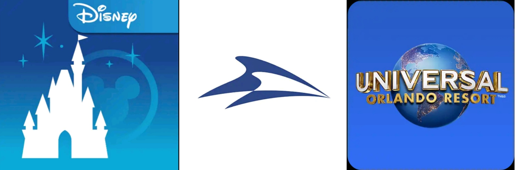 Logos des applications proposés pour Disney World, Seaworld et Universal à Orlando.