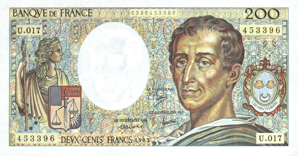 Le billet de 200 francs émis en 1981 et qui fut en circulation jusqu'an 1998 commémorait Montesquieu. Un dessin de Pierrette Lambert. Par Banque de France - domaine public.
