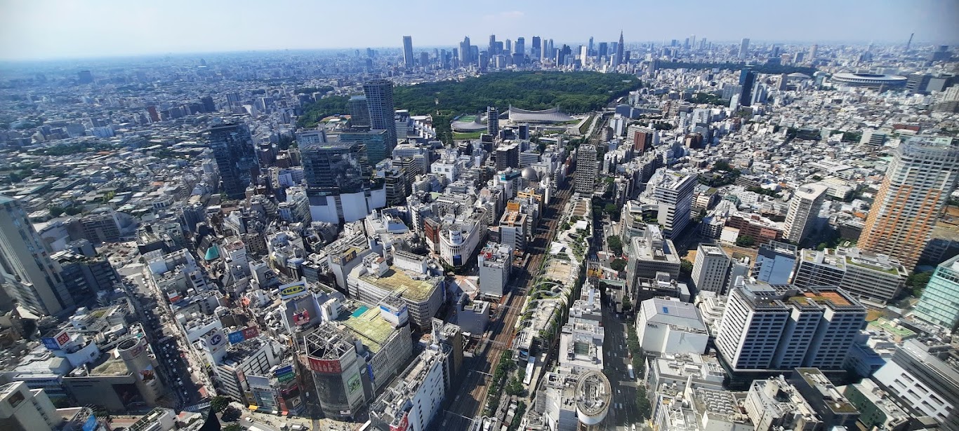 On aperçoit la ligne Yamanoté, en bas, au centre de la photo, prise depuis un immeuble de Shibuya. La ligne décrit un cercle autour du centre de Tôkyô, toujours à l'air libre. Photo  © Daniel Desjardins