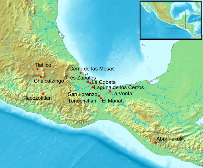 Quelques sites olmèques au Mexique. Carte par Fabienkhan —  CC BY-SA 3.0, https://commons.wikimedia.org/w/index.php?curid=1573487