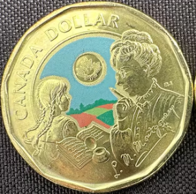 Pièce de 1$ canadien pour commémorer les 150 ans de la naissance de Lucy Maud Montgomery.