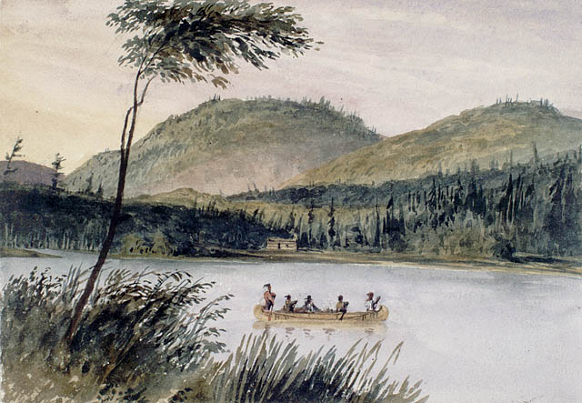 Le portage de Joachim, camp de bûcherons, près de la rivière des Outaouais, aquarelle sur crayon sur papier vélin. Par Philip John Bainbridge — collectionscanada.gc.ca Domaine public
