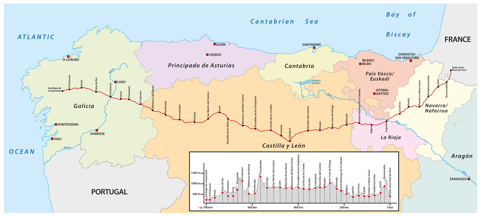 Carte du Chemin de Saint-Jacques espagnol, le Camino Francés.  ©  iStock / Rainer Lesniewski
